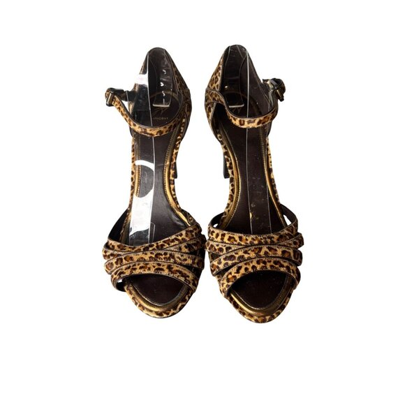 J Vincent Leopard Heeled Sandals Size 10.5 Leather Buckle Strap Peep Toe Party - Picture 2 of 12